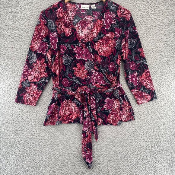 Chicos Top Womens 2 US Large Pink Floral Wrap Belted 3/4 Sleeves Stretch Knit - Picture 1 of 9